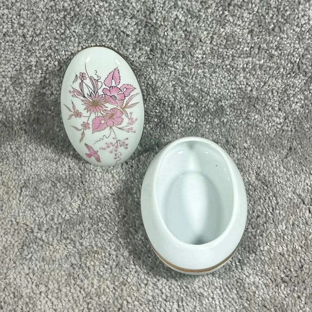 Reutter Porzellan Trinket Box White Pink Floral Bird Gold‎ Trim W Germany OS